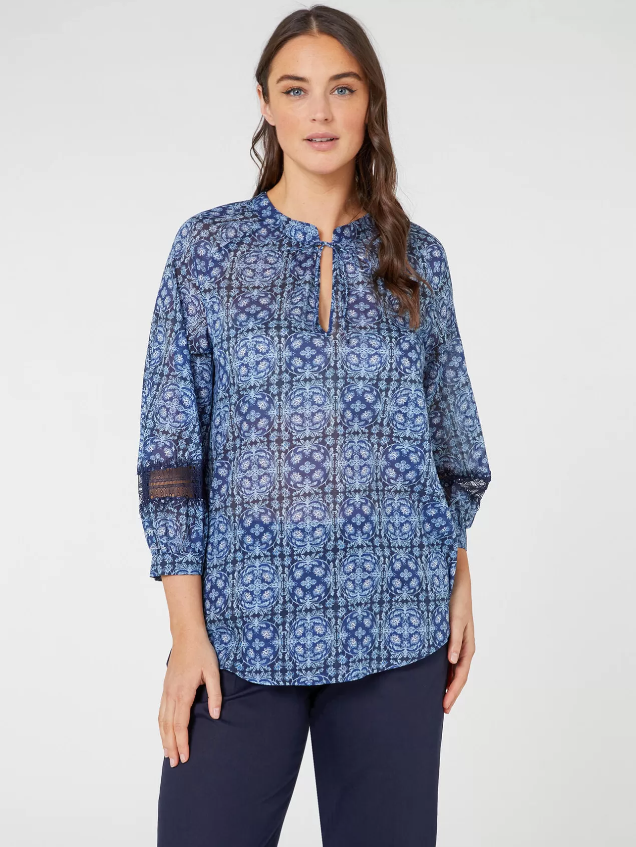 Store Elena Mirò Blouse Imprimee Avec Bords En Dentelle Bleu