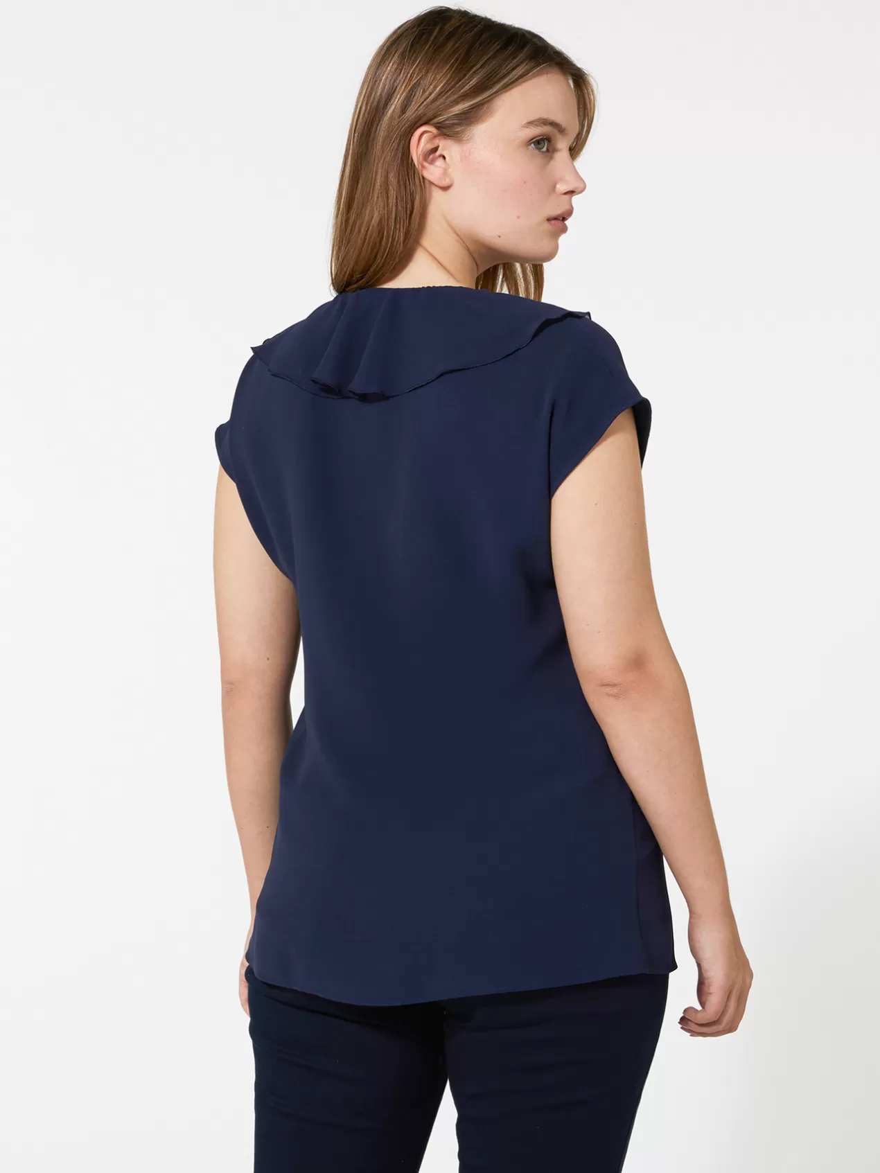 Outlet Elena Mirò Blouse Manches Courtes Avec Jabot Bleu Marine