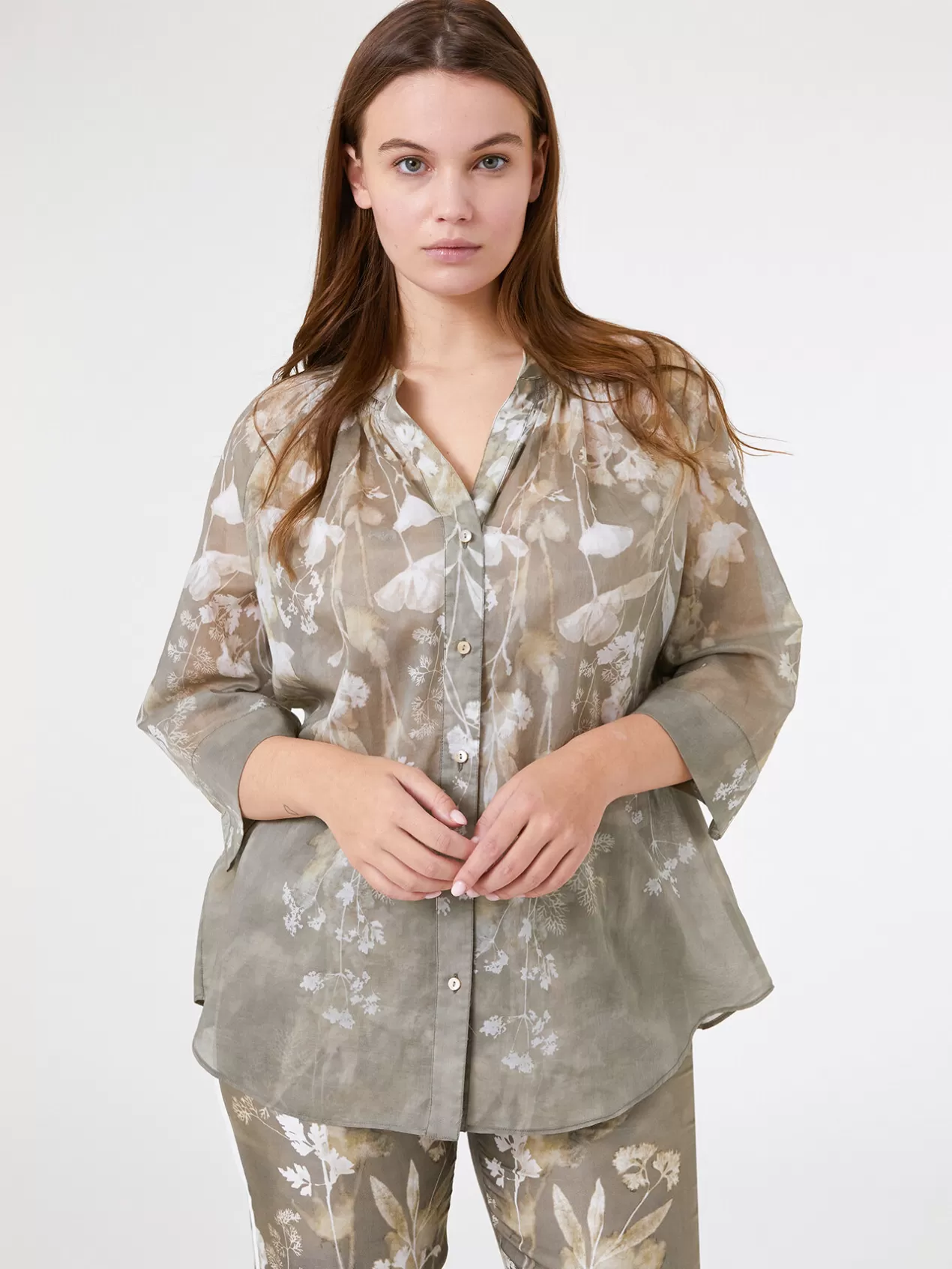 Discount Elena Mirò Chemise A Fleurs En Mousseline De Coton Vert