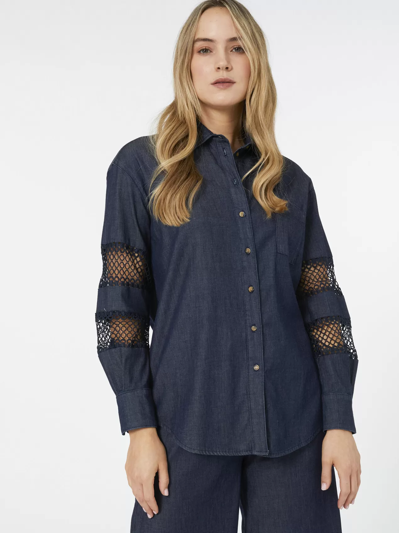 Outlet Elena Mirò Chemise En Chambray Avec Inserts En Dentelle Bleu