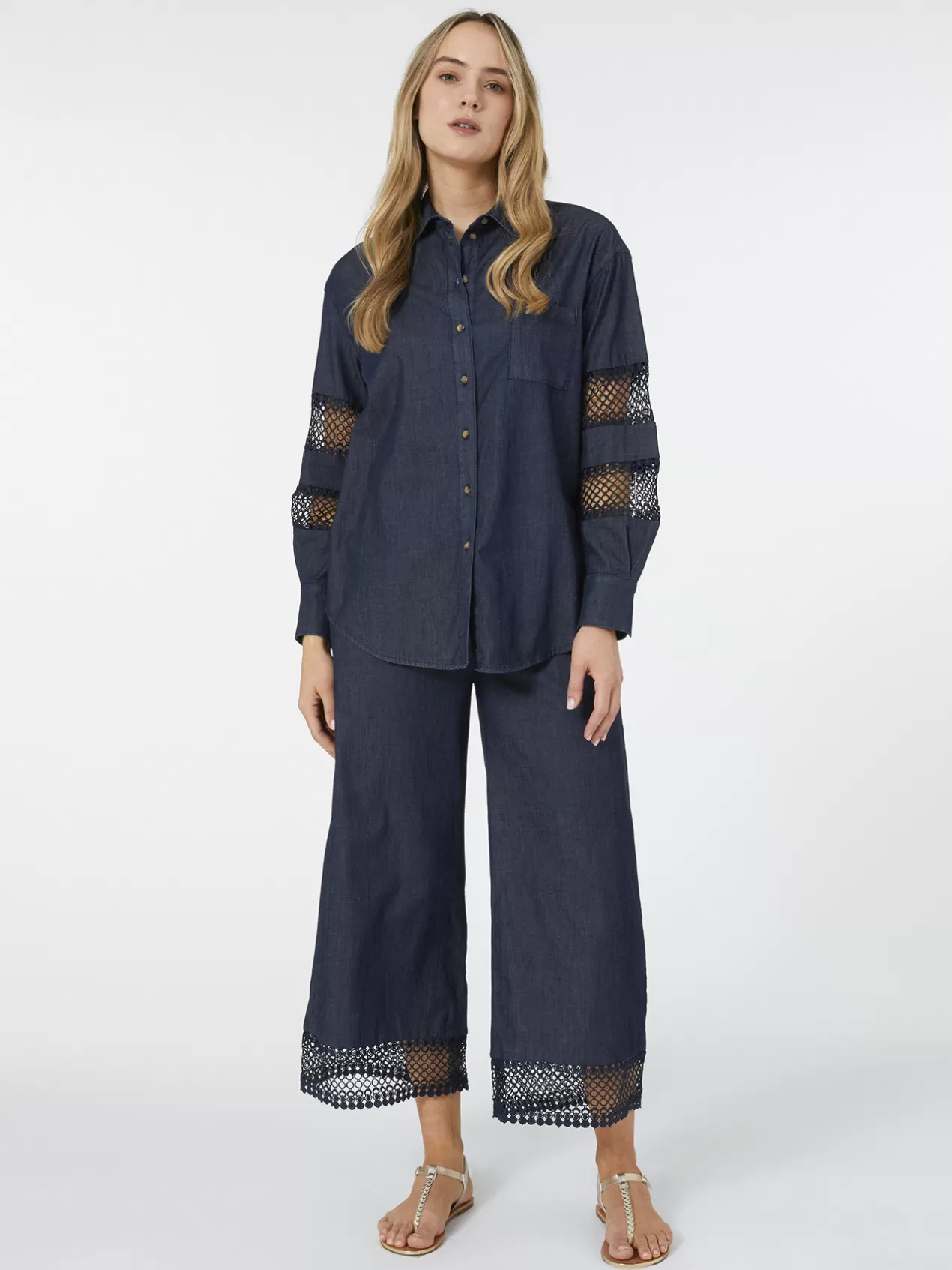 Outlet Elena Mirò Chemise En Chambray Avec Inserts En Dentelle Bleu