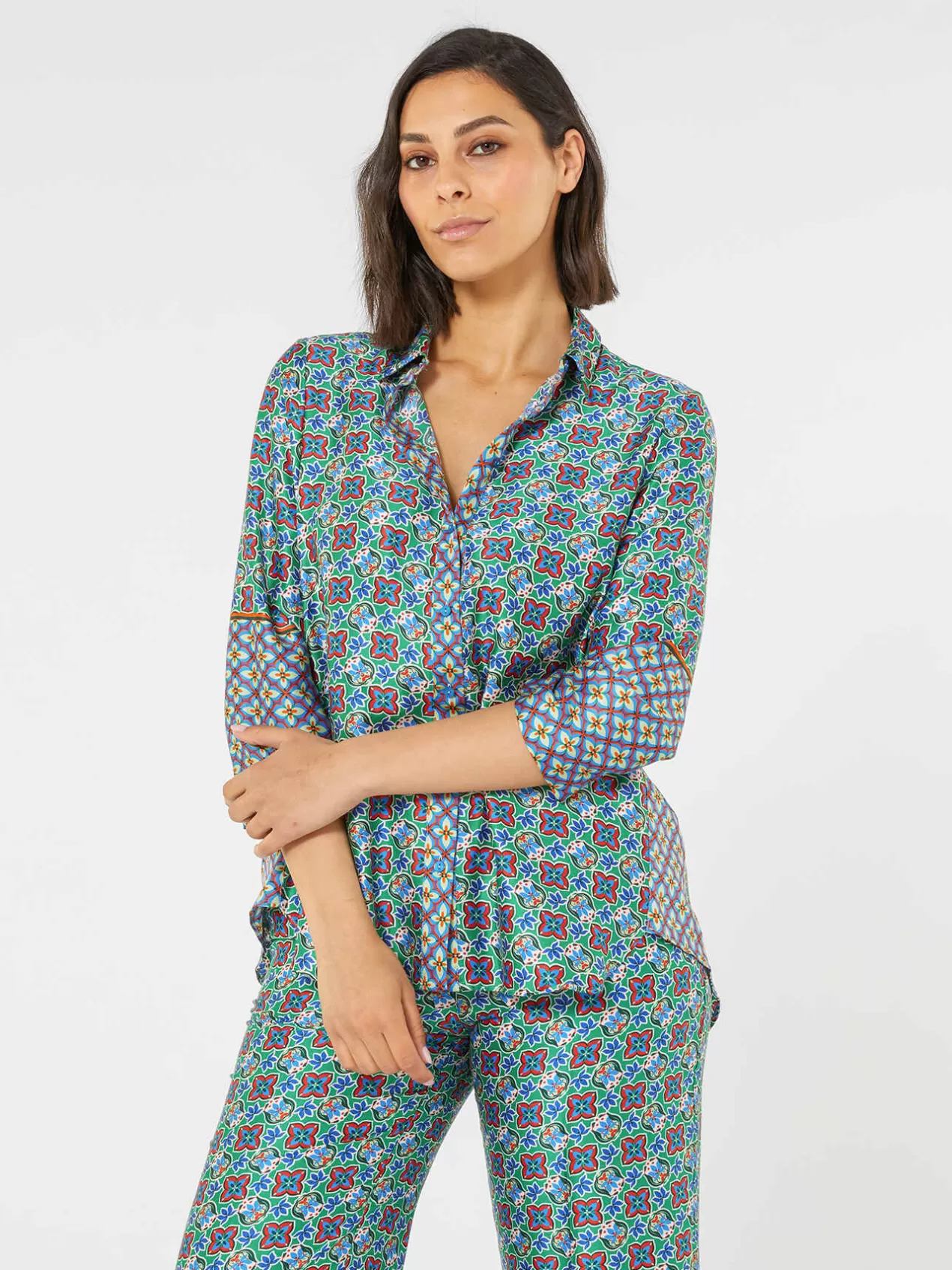 Best Sale Elena Mirò Chemise En Deux Imprimes Green Water