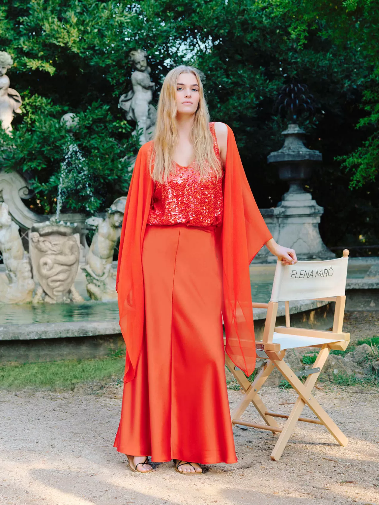 Best Elena Mirò Jupe Longue En Satin Orange Soleil