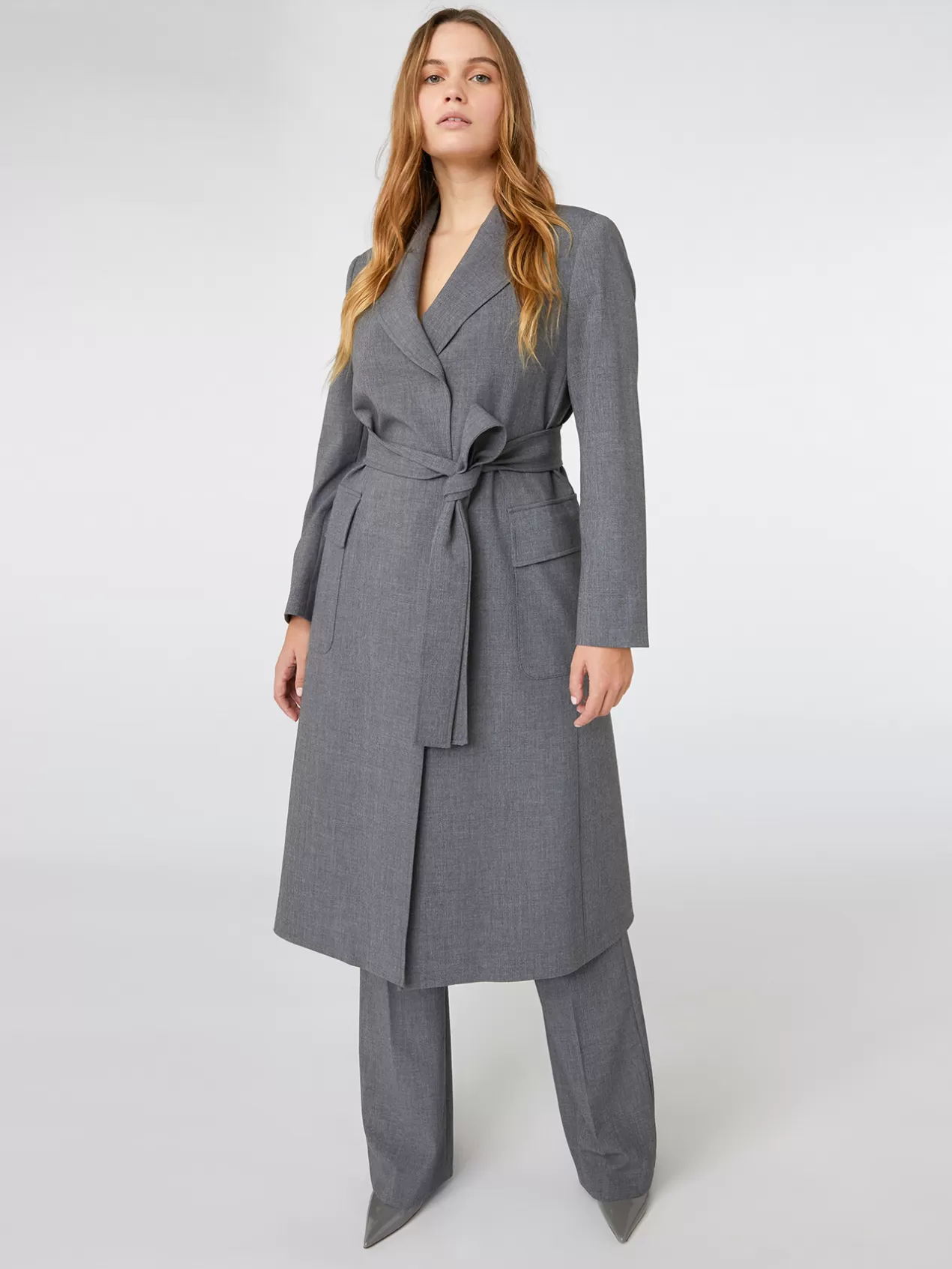 Sale Elena Mirò Manteau Trench Ceinture En Tissu Peigne Gris