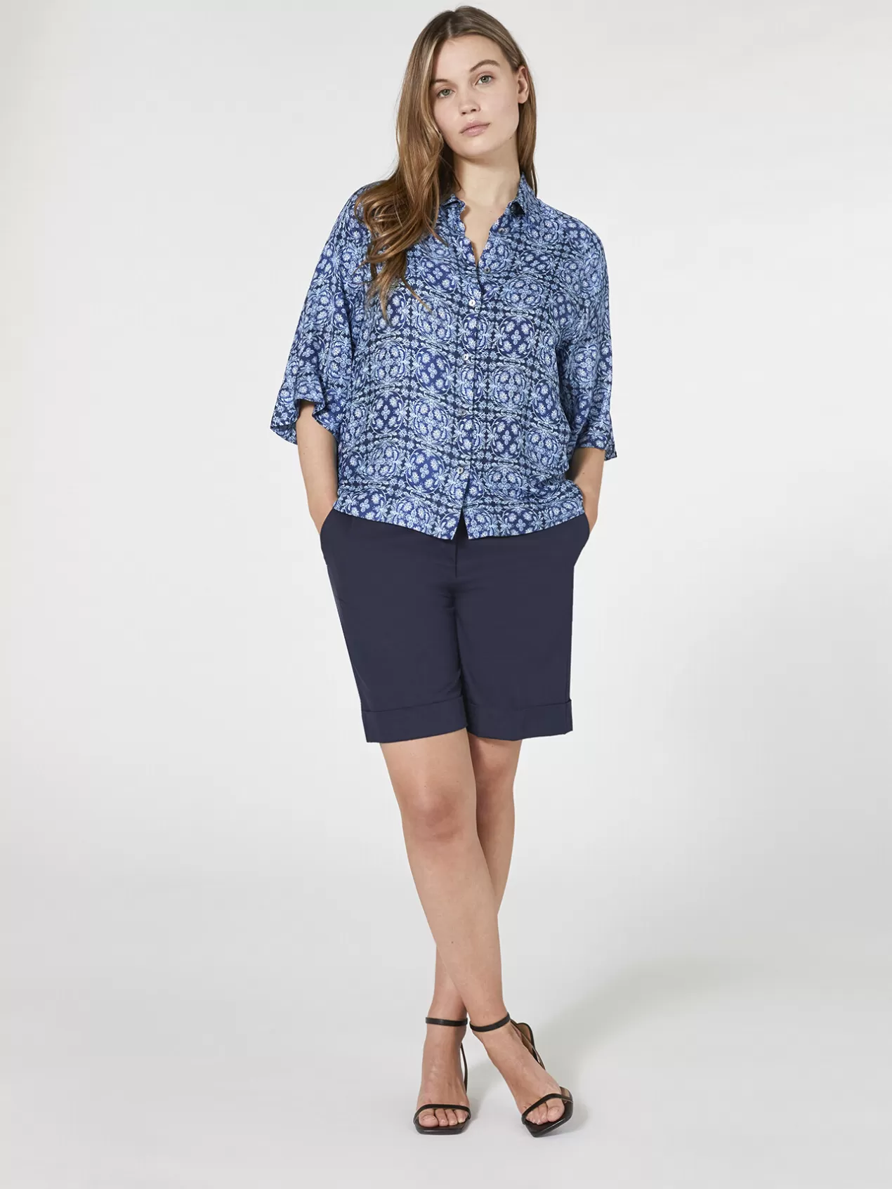 Fashion Elena Mirò Pantalon Court En Gabardine Bleu