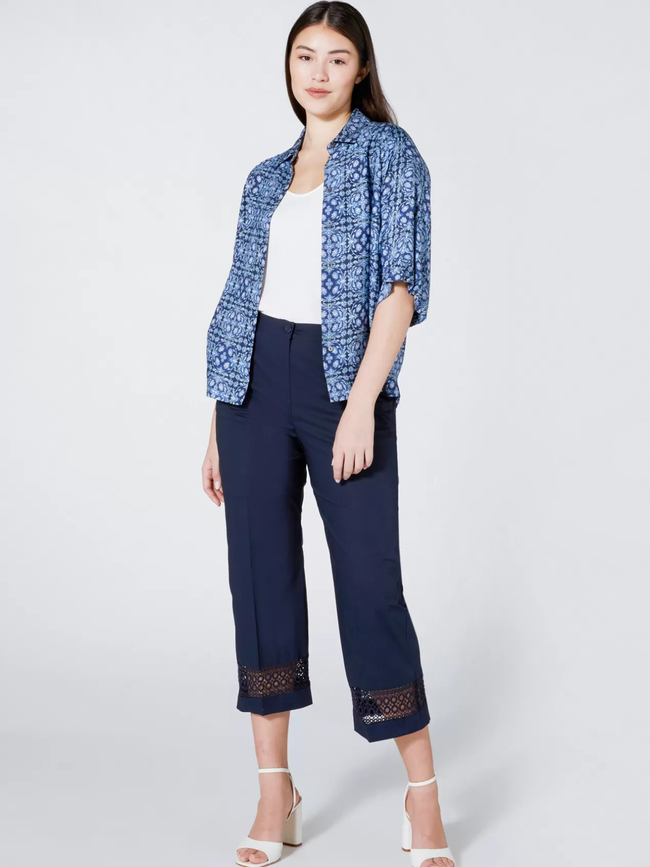Sale Elena Mirò Pantalon Cropped Avec Bord Brode Bleu