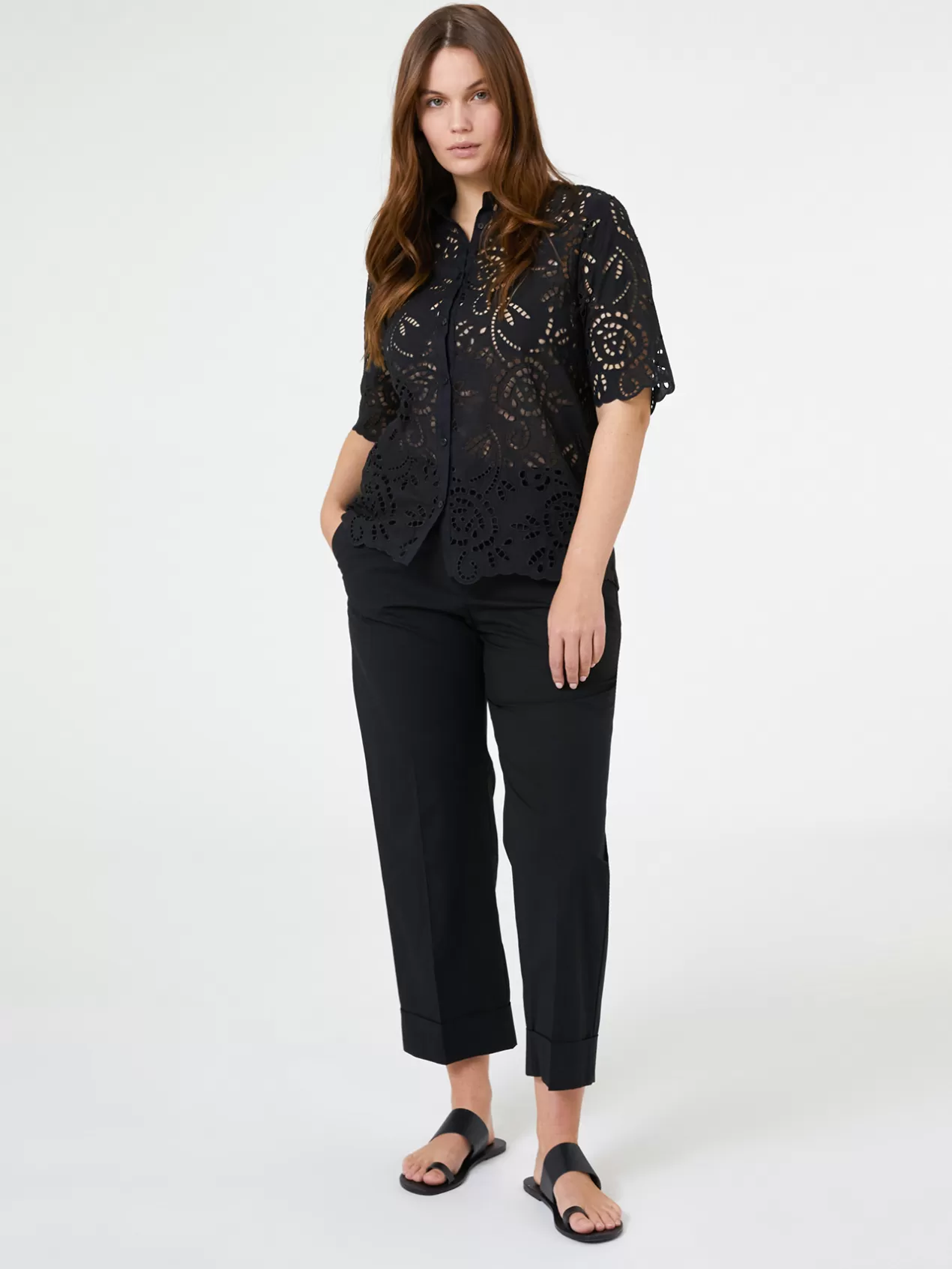 Sale Elena Mirò Pantalon Droit Cropped En Toile Extensible Noir