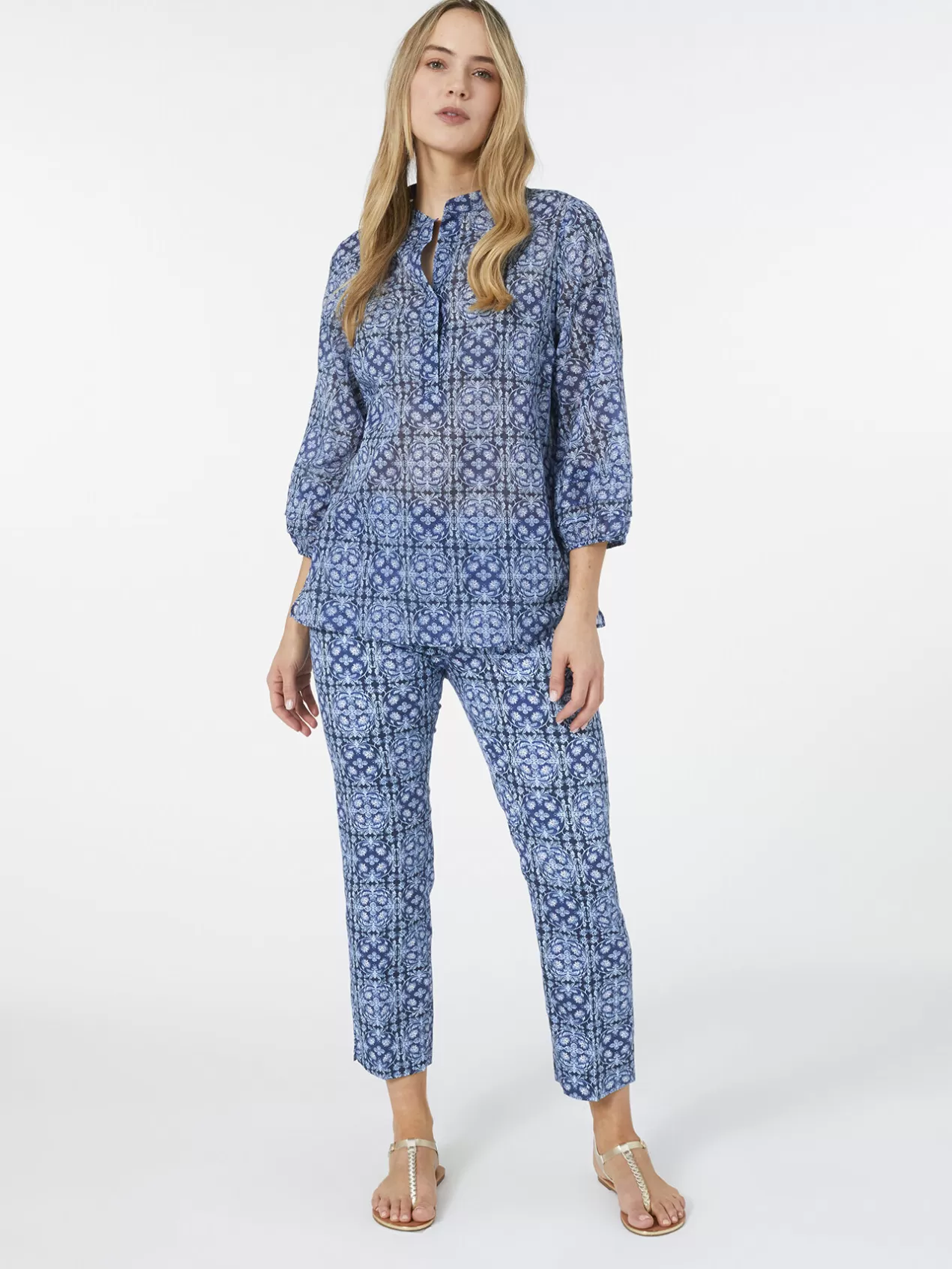 New Elena Mirò Pantalon En Satin Imprime Bleu