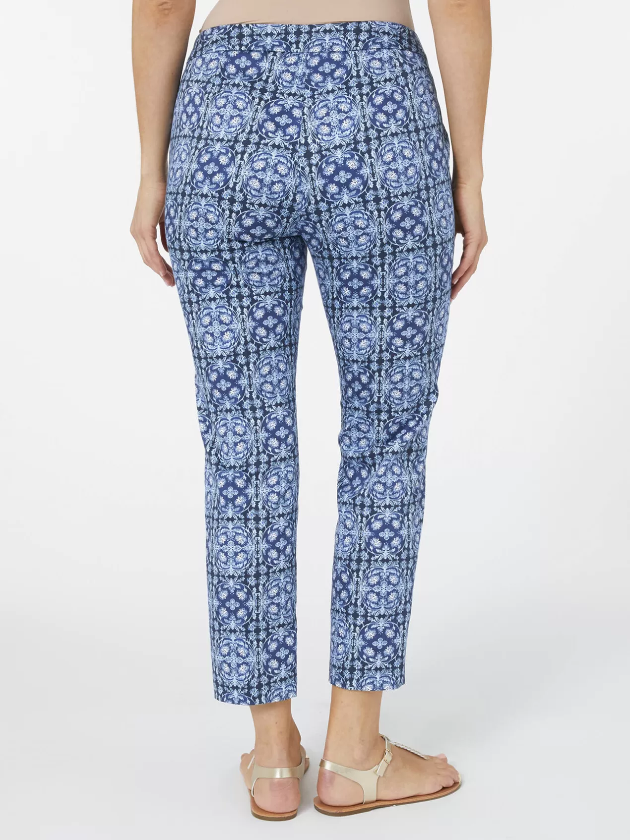 New Elena Mirò Pantalon En Satin Imprime Bleu