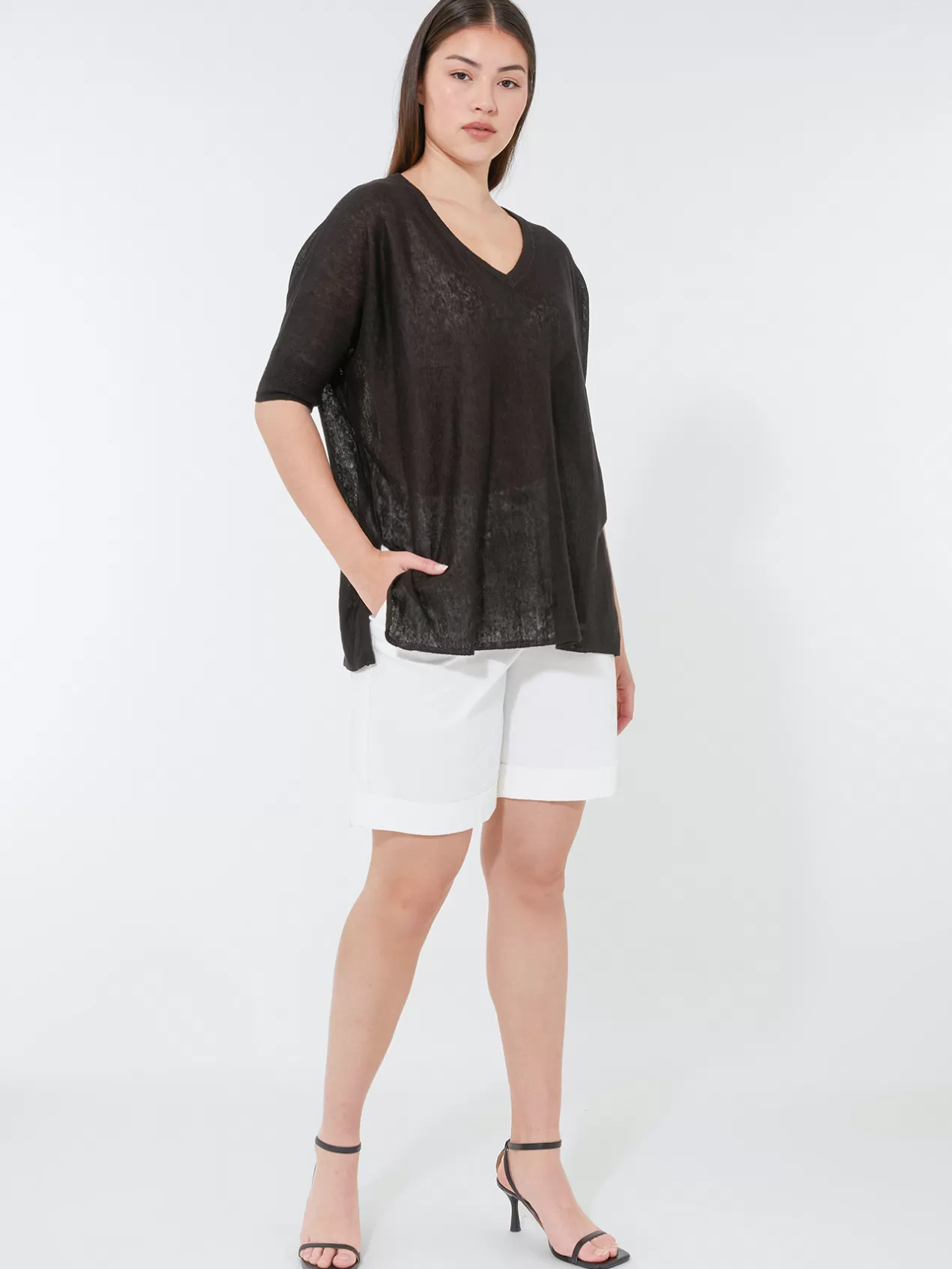 Sale Elena Mirò Pull A Col En V En Pur Lin Noir