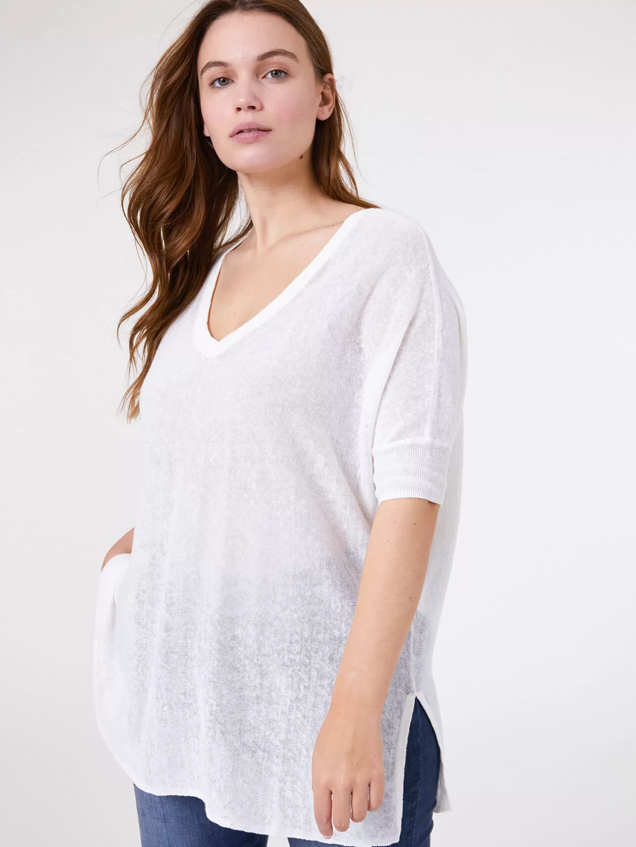 Best Sale Elena Mirò Pull A Col En V En Pur Lin Blanc