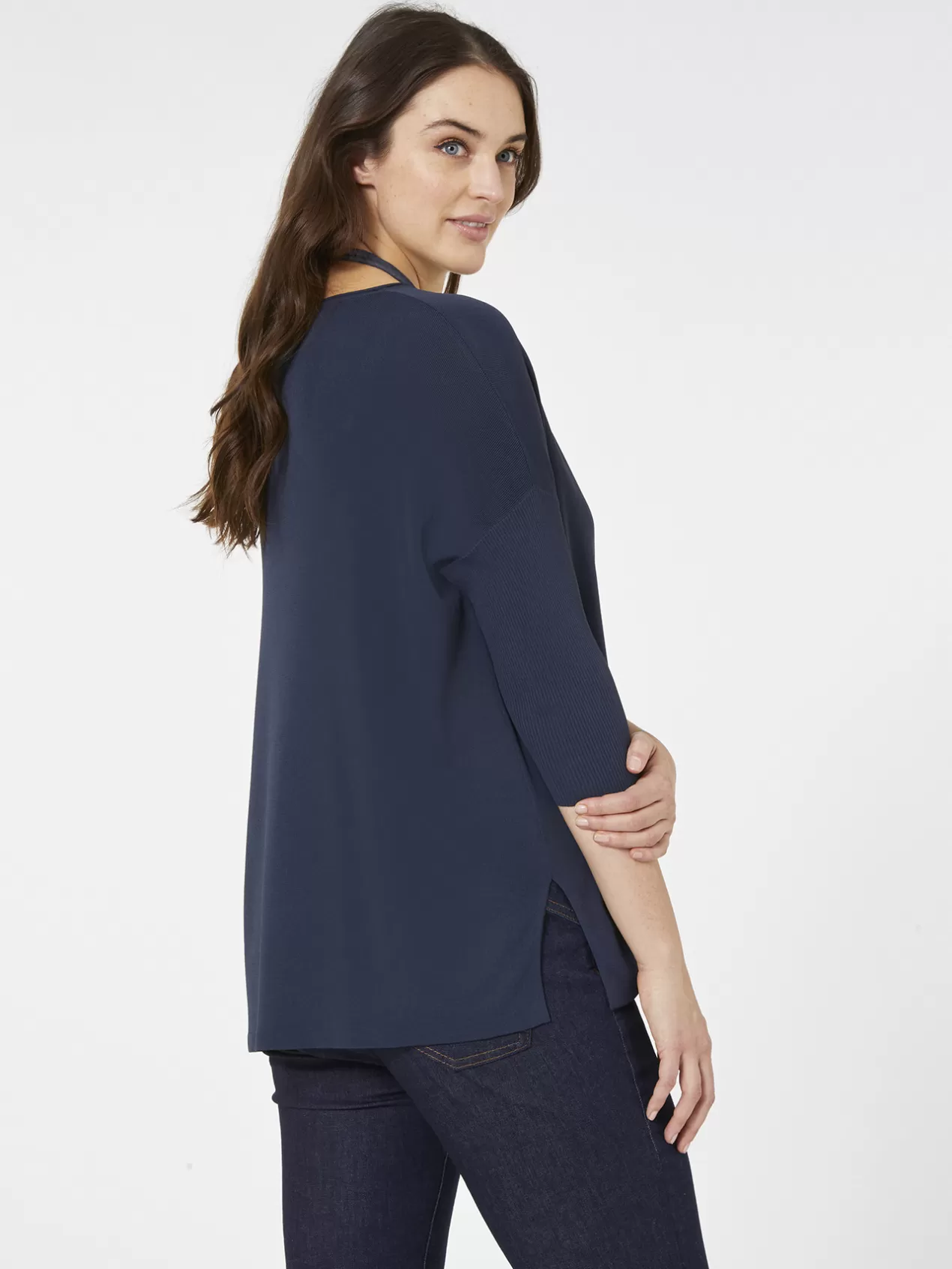 New Elena Mirò Pull En Crepe De Viscose Avec Collier Bleu