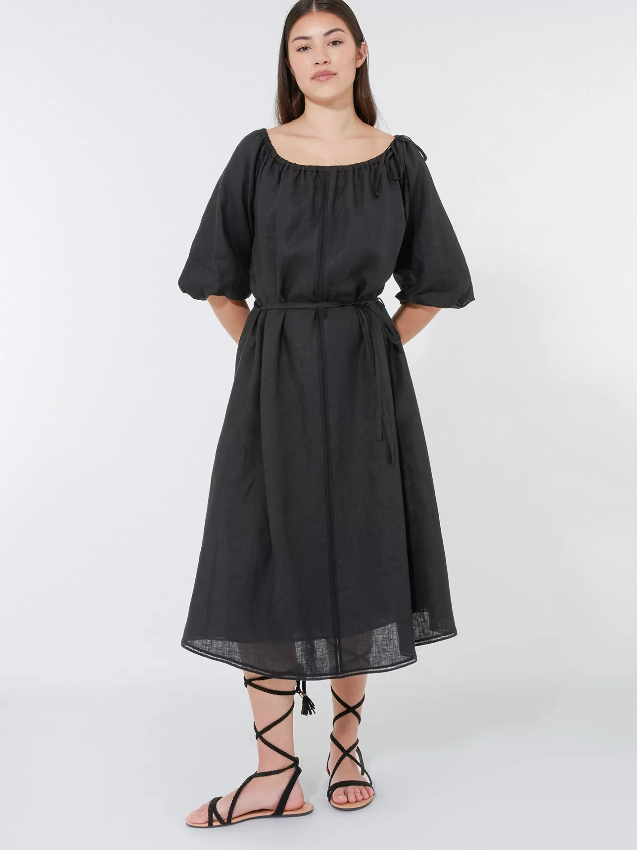 Flash Sale Elena Mirò Robe En Lin Avec Fine Ceinture Noir
