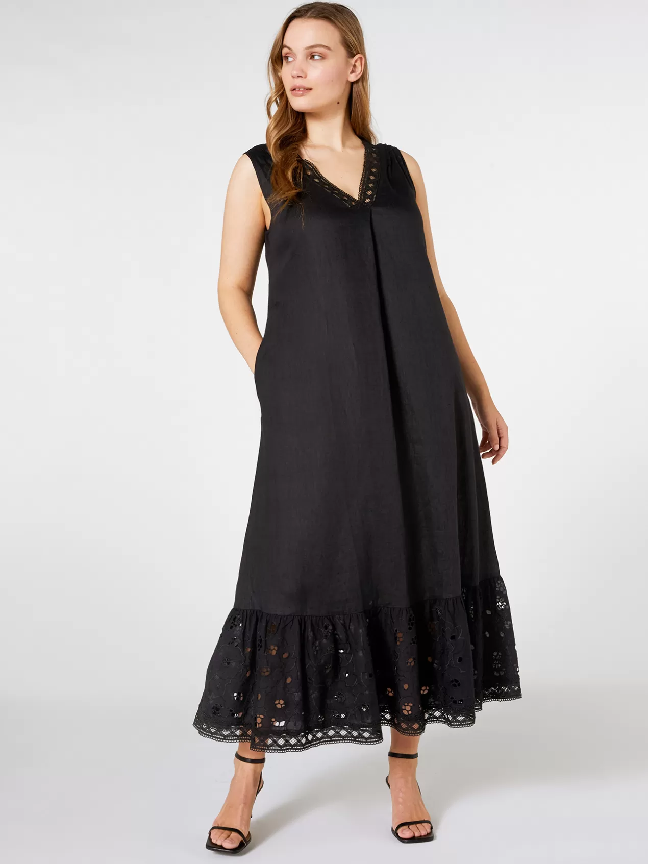 Best Sale Elena Mirò Robe Longue En Lin Brode Noir
