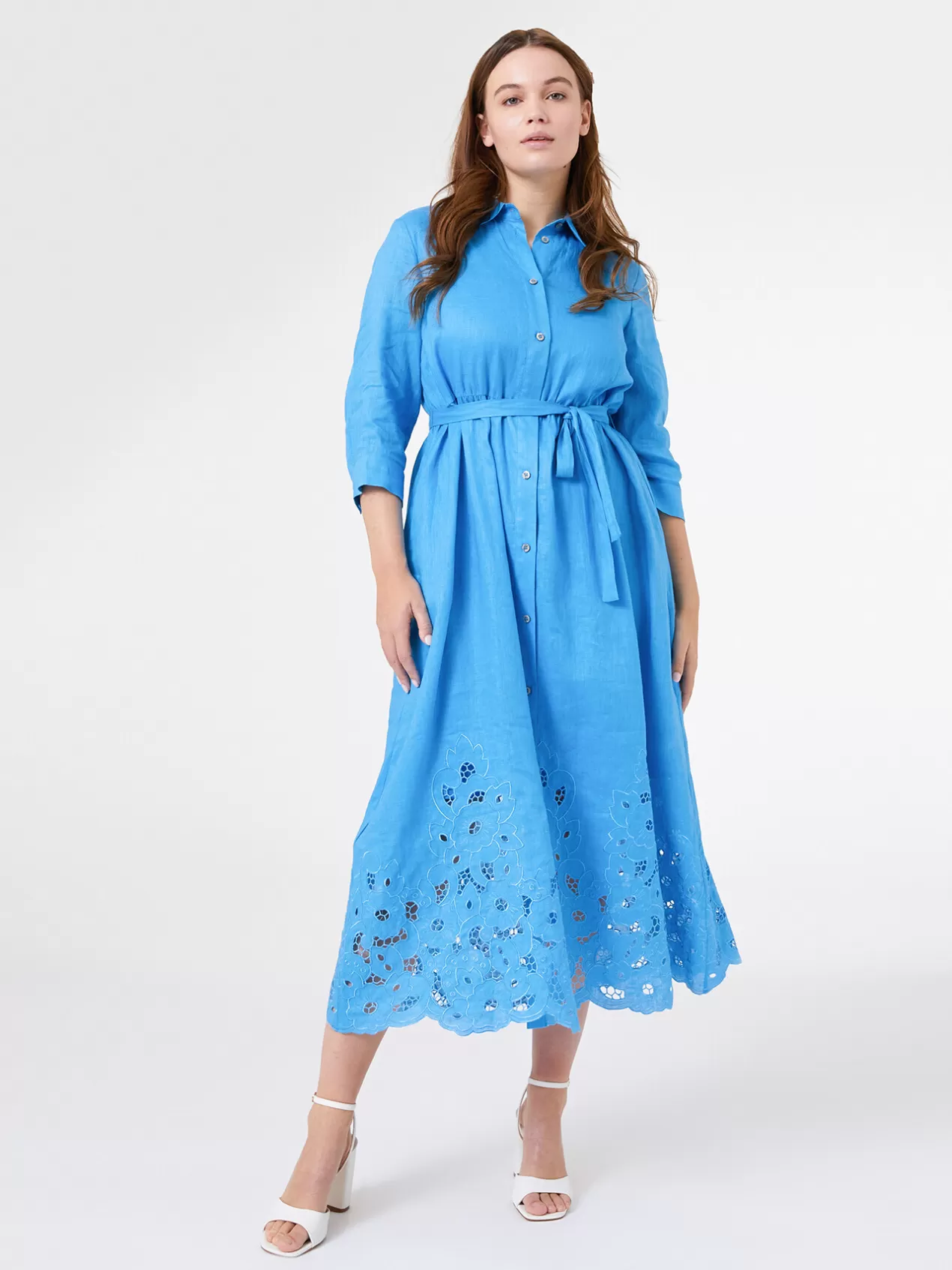 Outlet Elena Mirò Robe Longue En Lin Brode Light - Blue