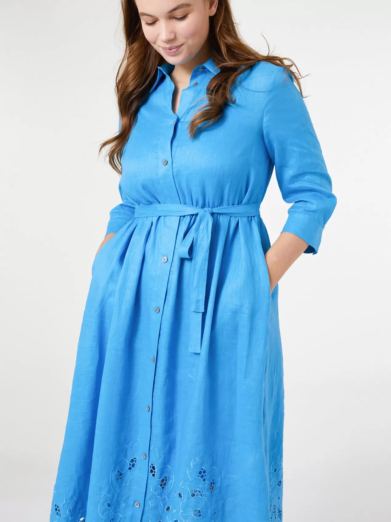Outlet Elena Mirò Robe Longue En Lin Brode Light - Blue