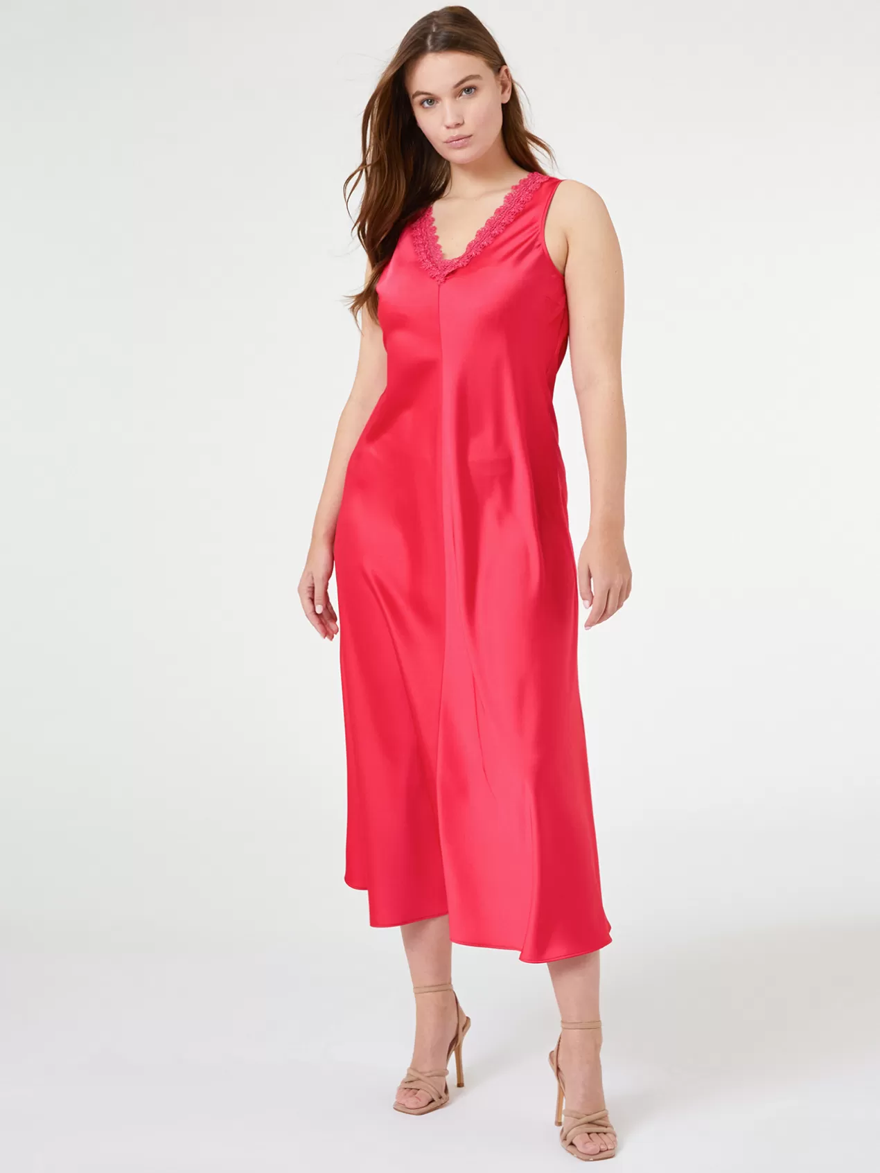 Store Elena Mirò Robe Longue En Satin Avec Dentelle Fuchsia