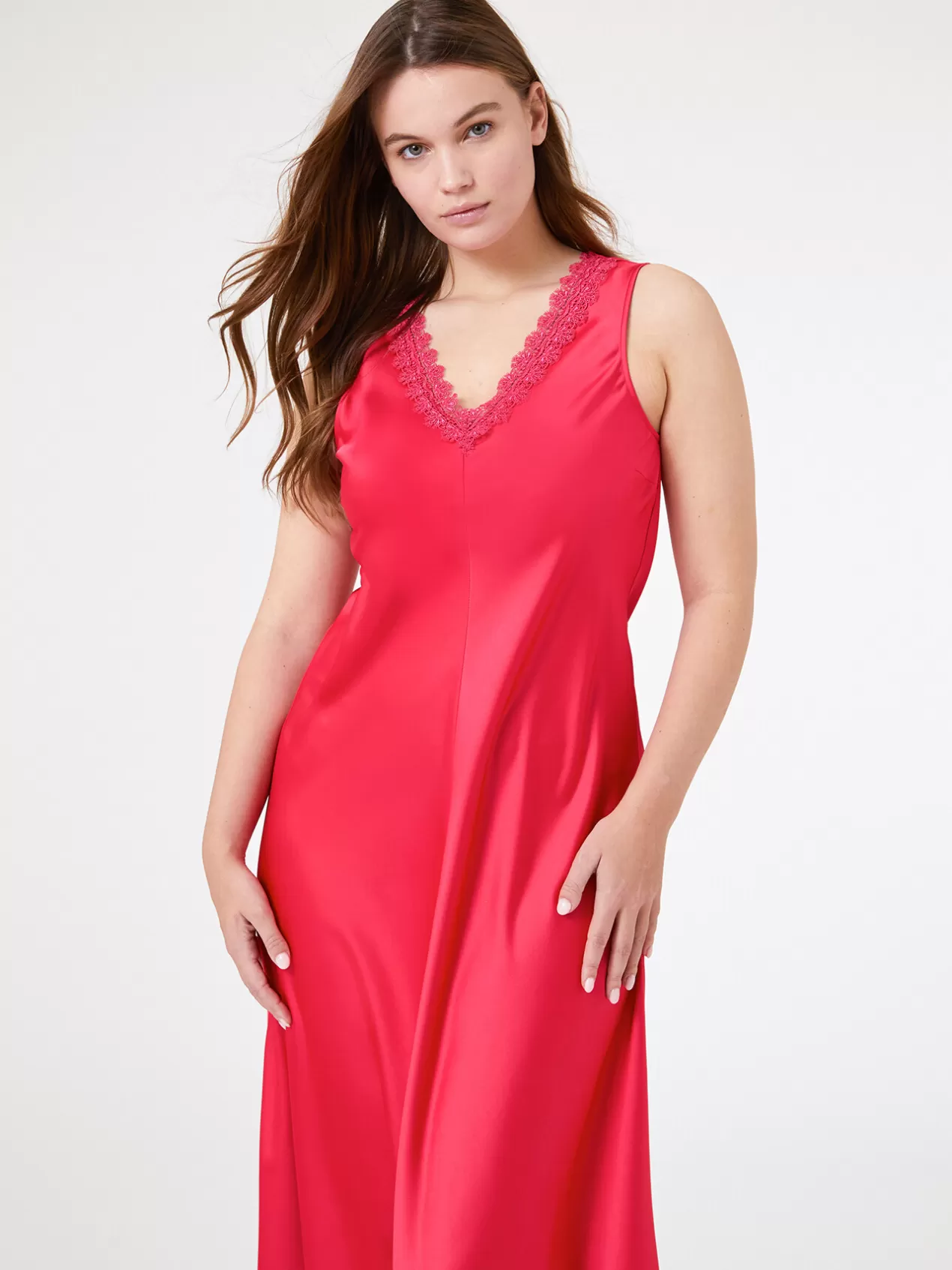 Store Elena Mirò Robe Longue En Satin Avec Dentelle Fuchsia
