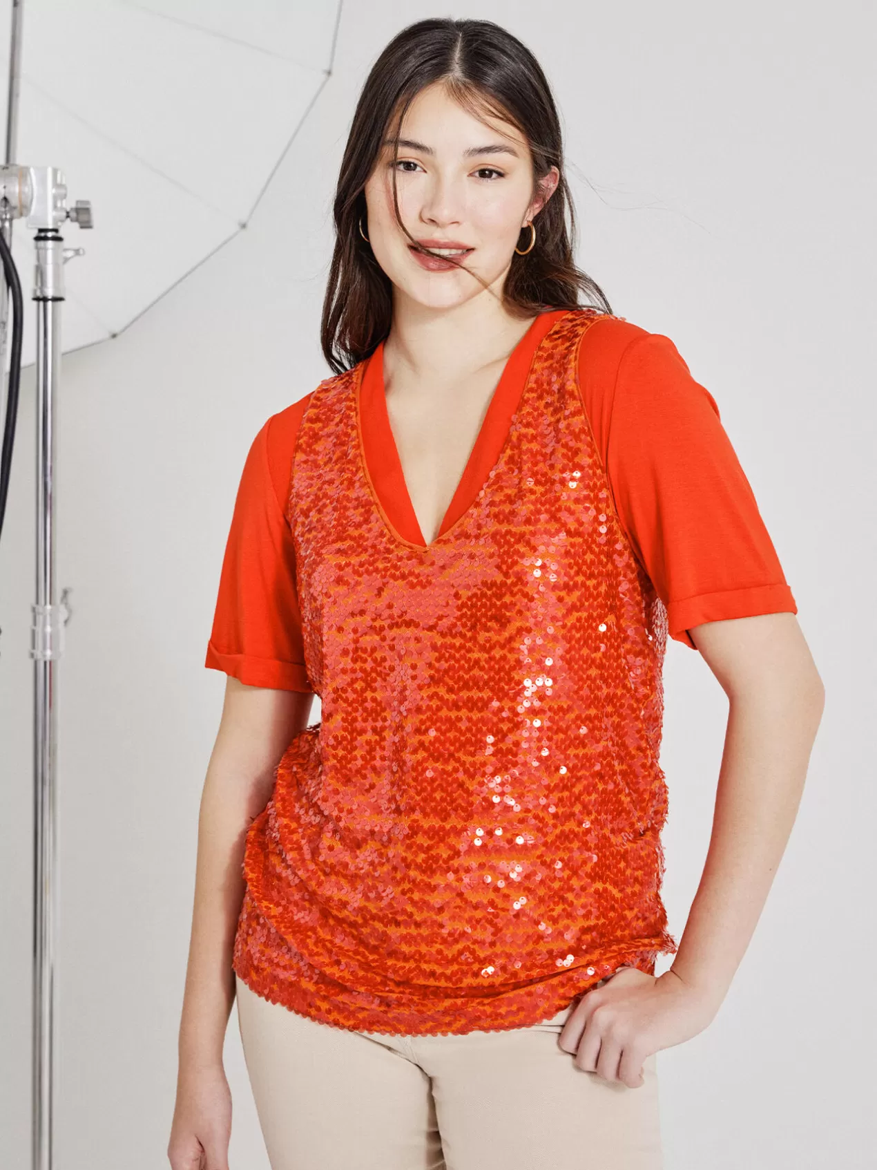 Outlet Elena Mirò Top Avec Paillettes Orange Soleil