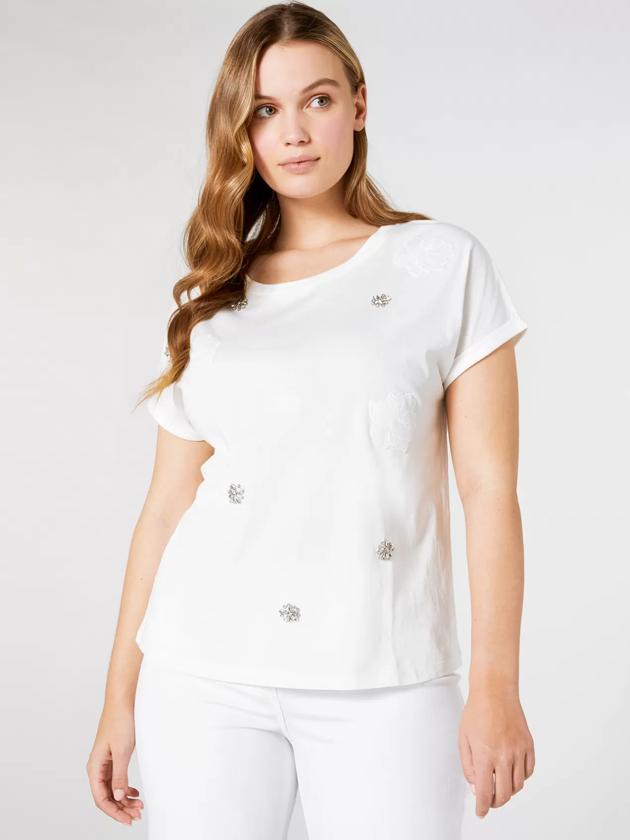 Outlet Elena Mirò T-Shirt Avec Broderie Florale Blanc
