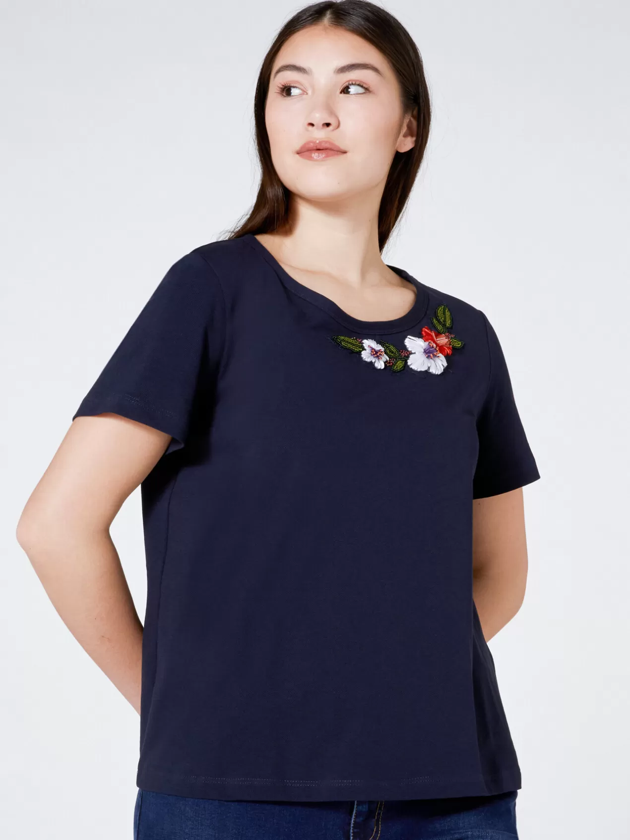 Hot Elena Mirò T-Shirt Avec Broderie Florale En Fil Bleu
