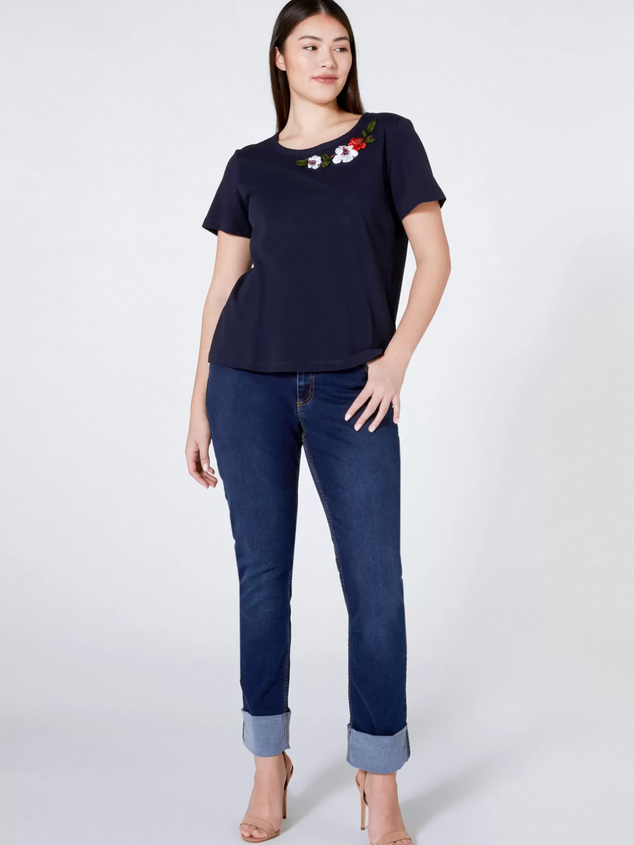 Hot Elena Mirò T-Shirt Avec Broderie Florale En Fil Bleu